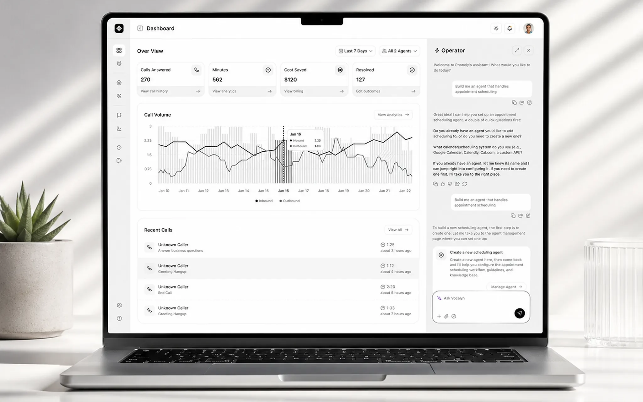 Support call dashboard on a laptop with calls answered, minutes, cost saved and resolved calls, inbound and outbound call volume, recent calls and an AI assistant panel