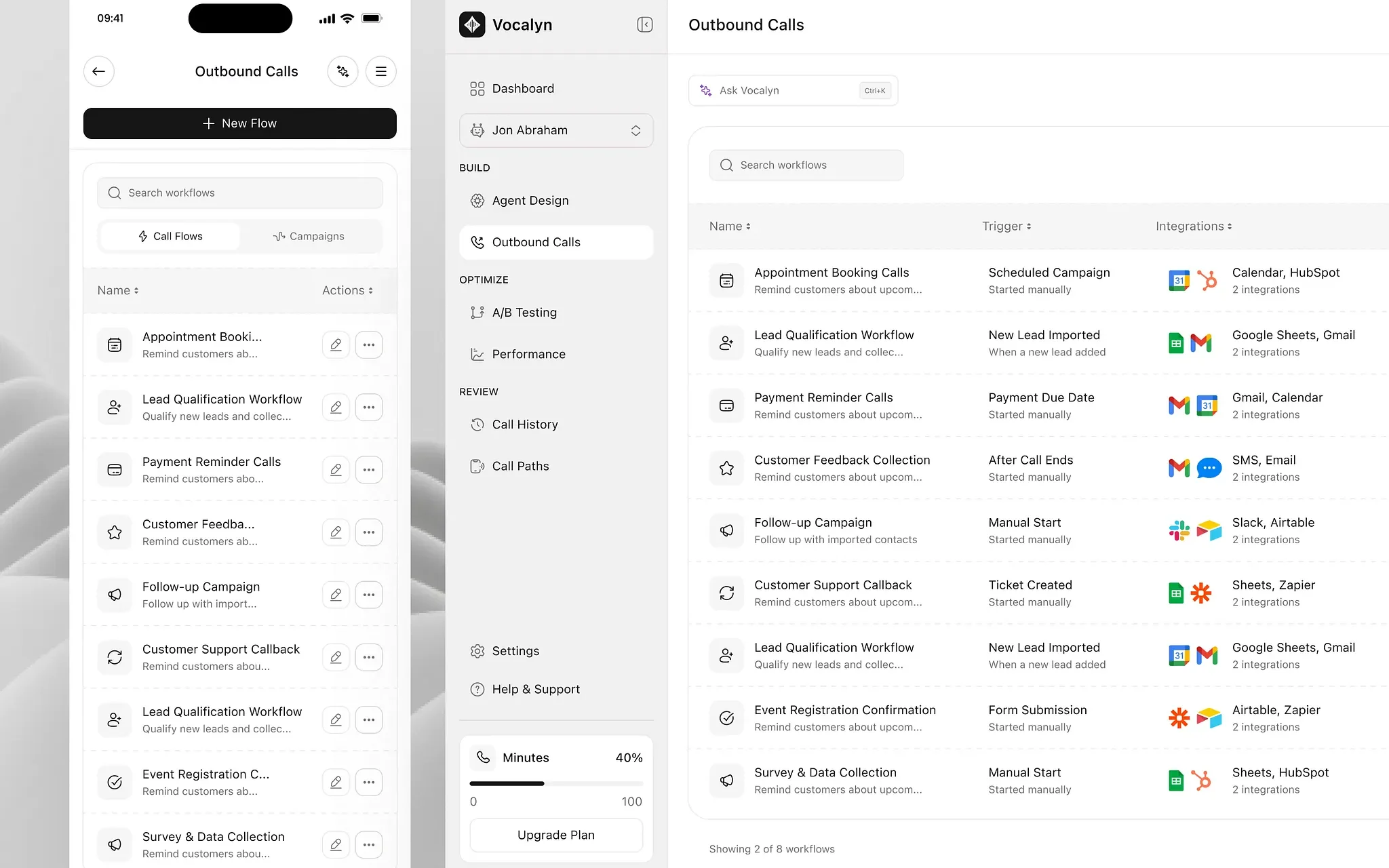 Outbound call workflows on phone and desktop — appointment booking, lead qualification, payment reminders, feedback and follow-up campaigns, each with its trigger and connected tools