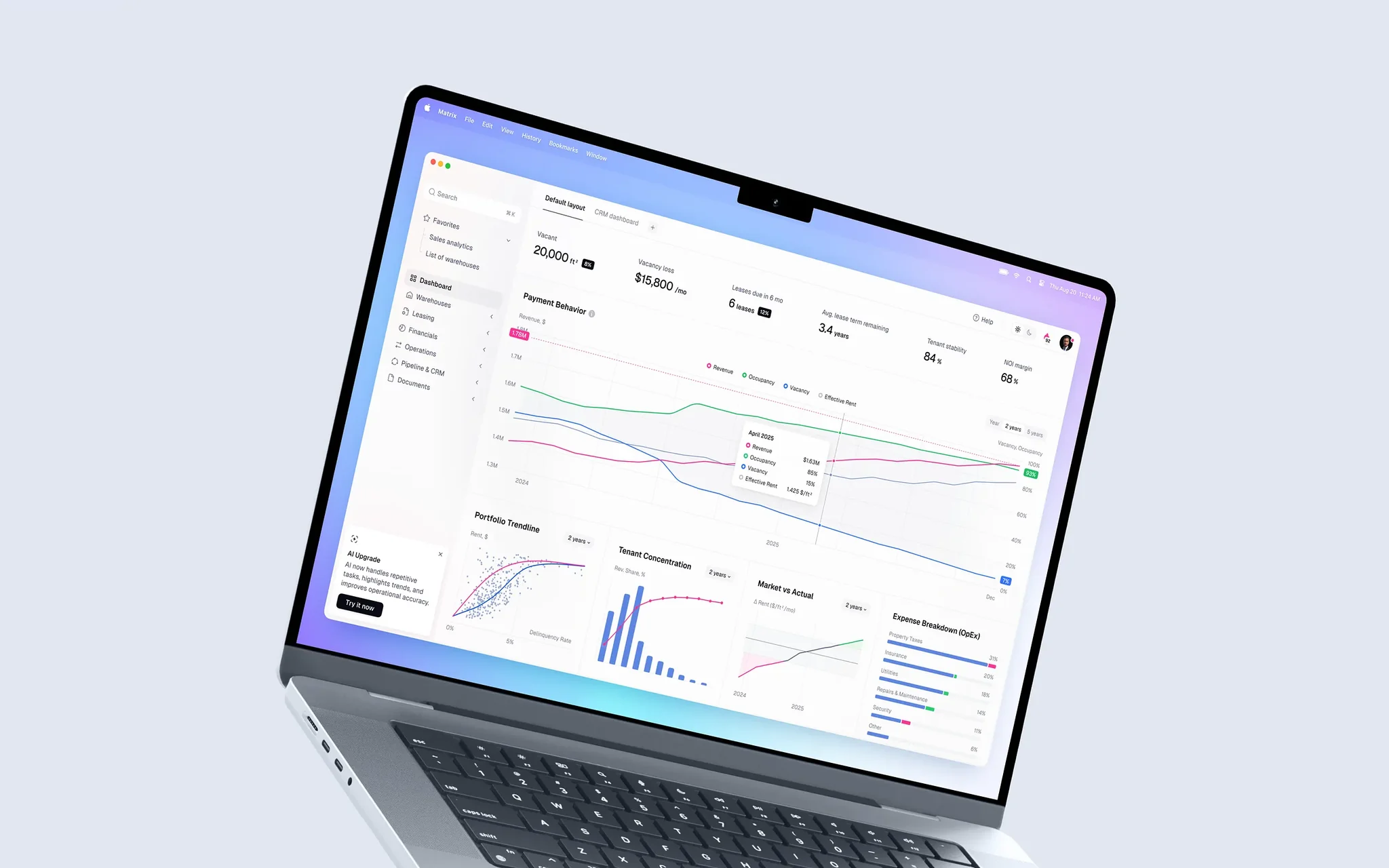 Analytics dashboard on a laptop with revenue, occupancy and vacancy trends, a portfolio trendline, tenant concentration and an expense breakdown