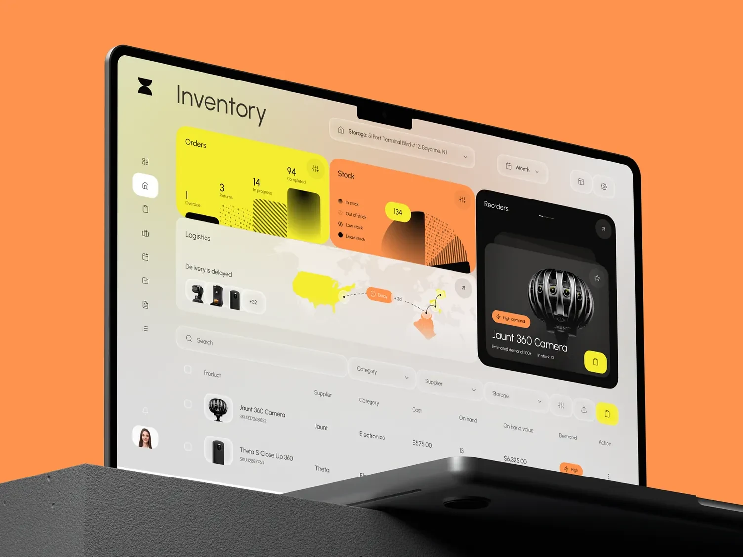 Enveria ERP inventory dashboard on a laptop, with order status, stock levels, delayed deliveries and reorder alerts