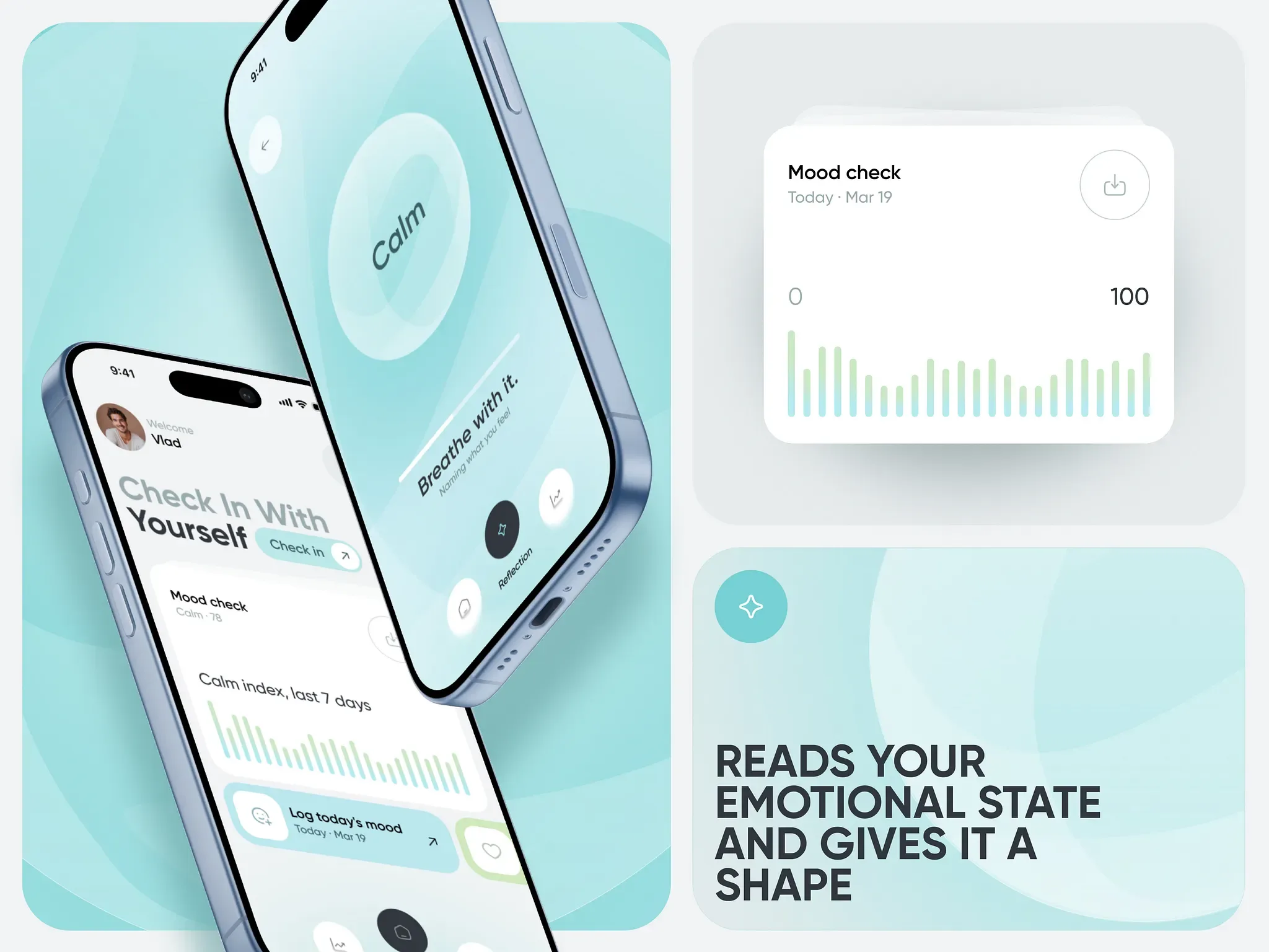 Wellness app with a check-in prompt, a mood check card scored from 0 to 100 with a bar chart, a seven-day calm index trend, a log-today's-mood action and a card reading the user's emotional state