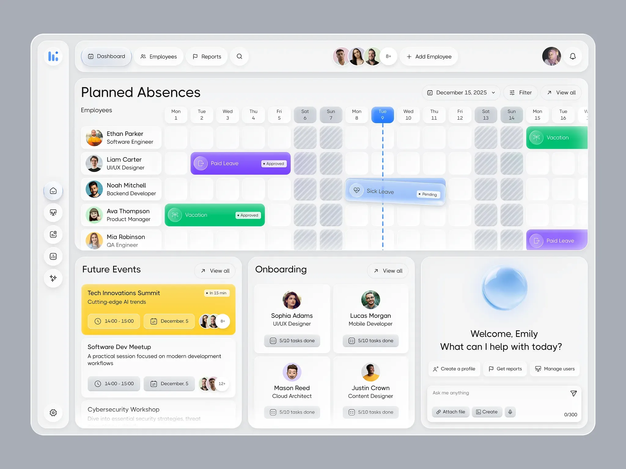 HR dashboard with a planned absences calendar for each employee, leave status badges, future events, an onboarding checklist and an AI assistant panel