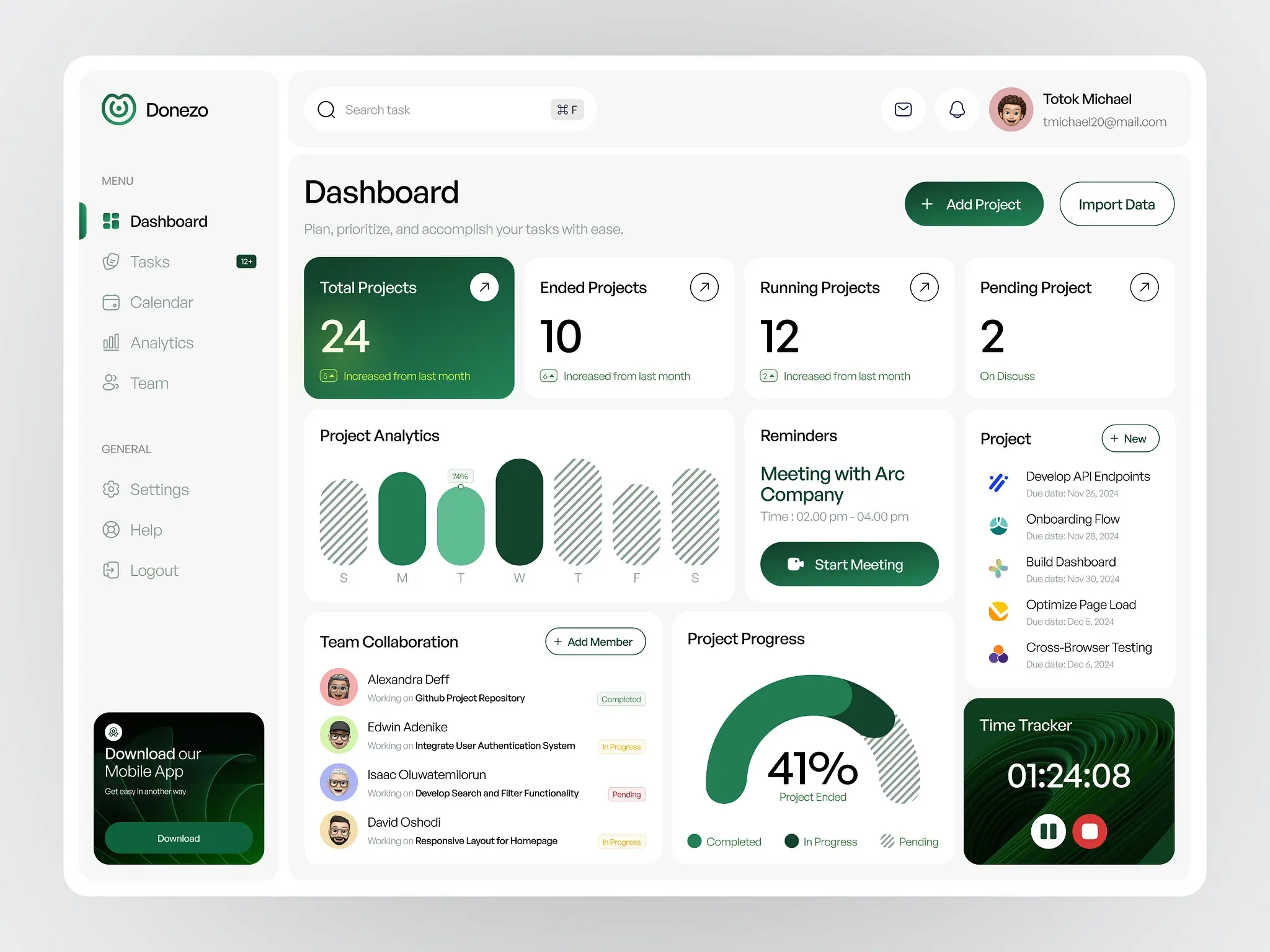 Donezo project management dashboard with total, ended, running and pending project counts, a weekly project analytics chart, reminders, a project task list and a team collaboration panel