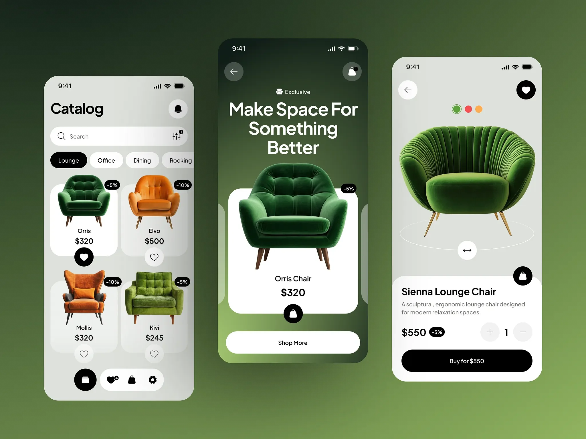 Furniture shopping app: catalog with categories and discounts, a featured product, and a product page with colour options and a buy button