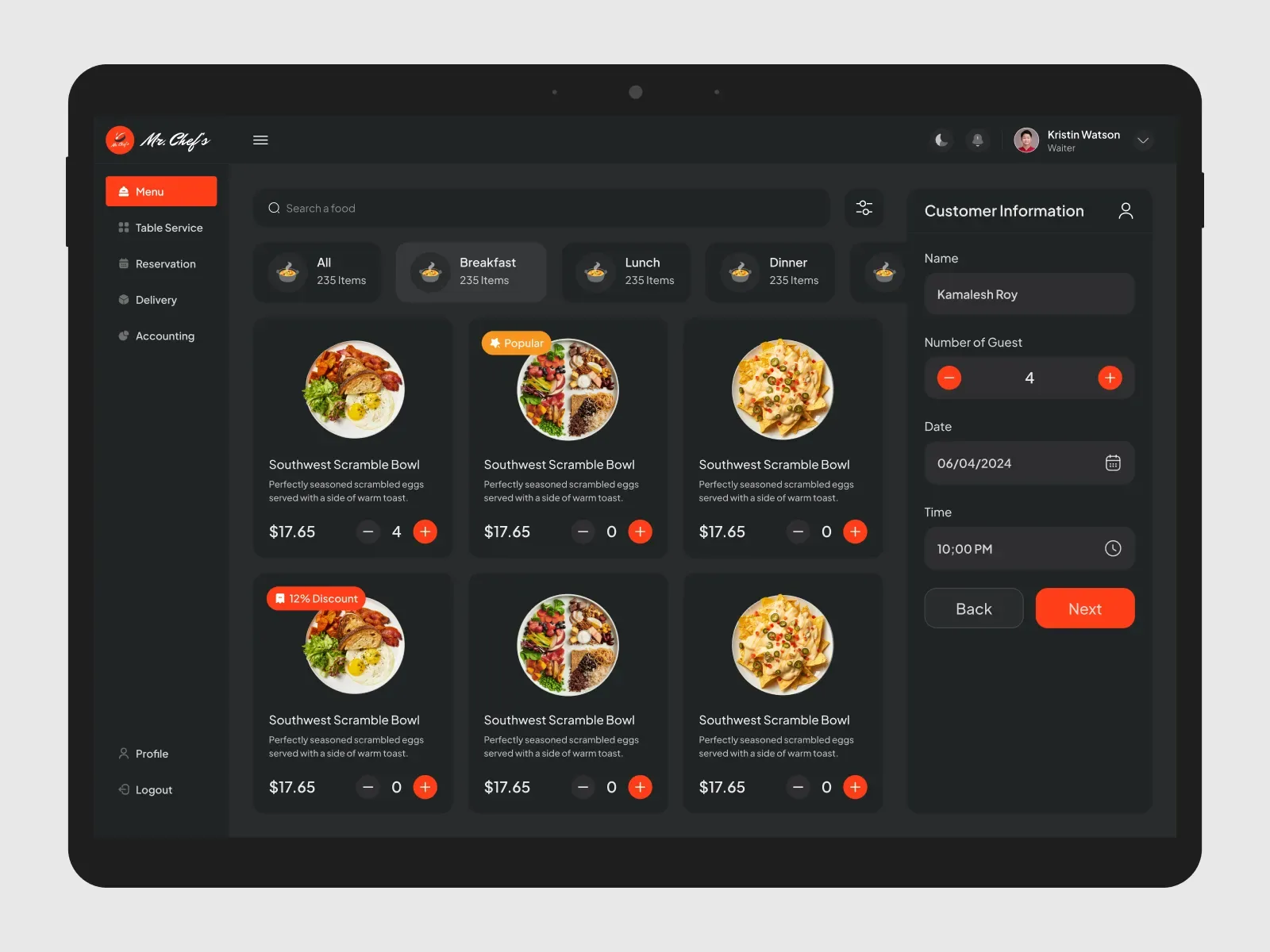 Restaurant tablet taking a table reservation with guest name, party size, date and time