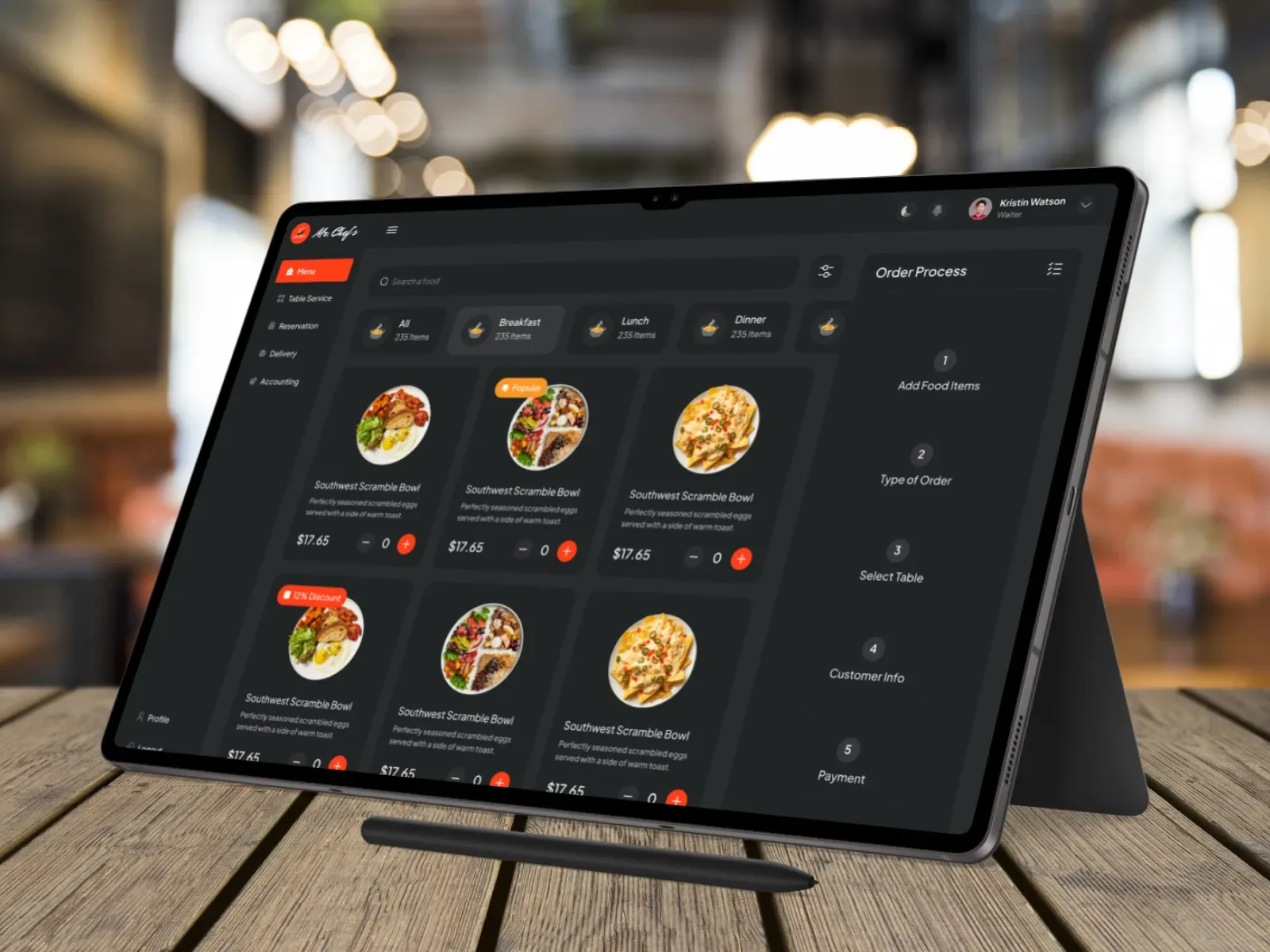 Restaurant tablet showing the menu by category, item cards with pricing and discounts, and a five-step order process